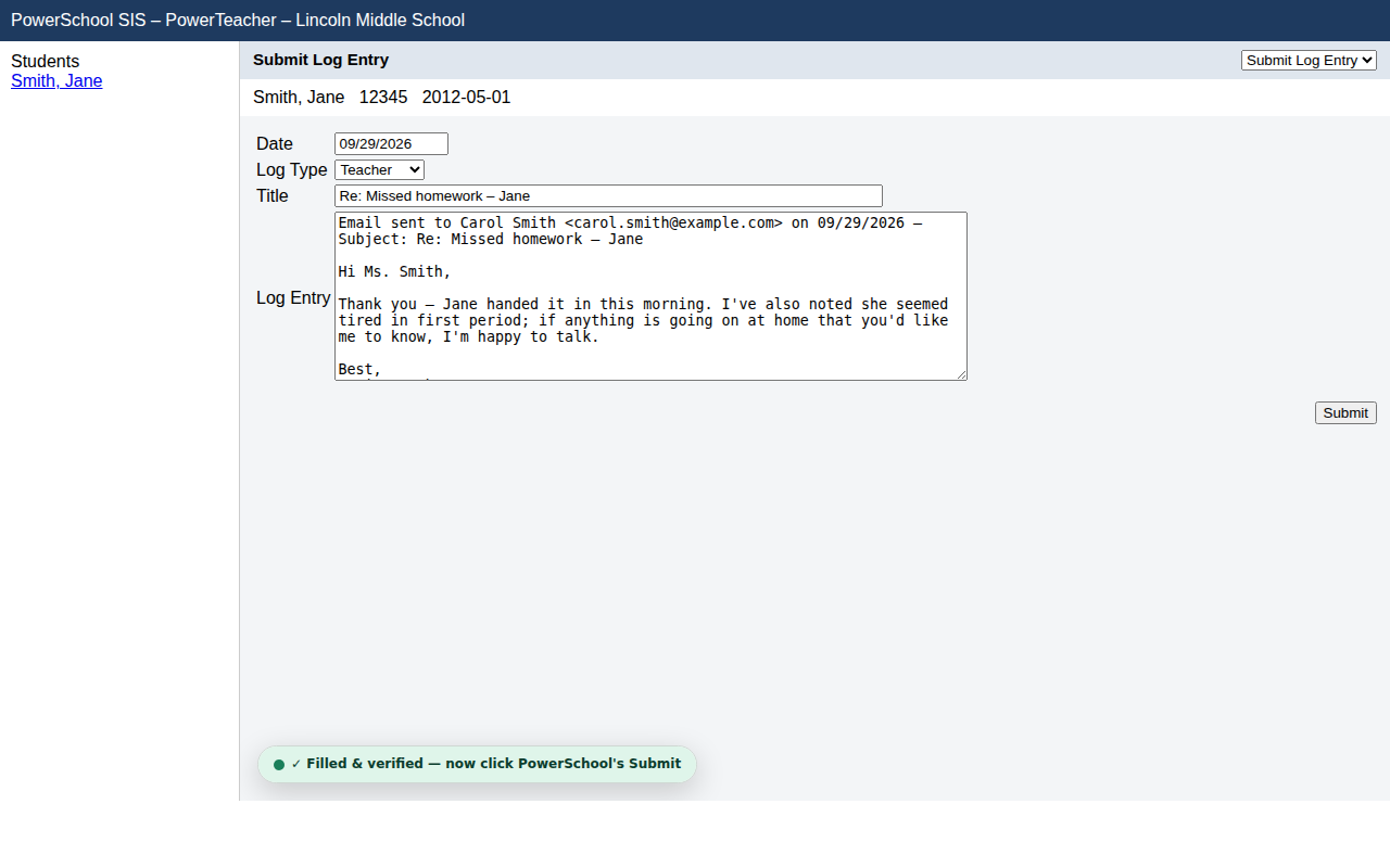 PowerSchool log entry form filled by ParentLog