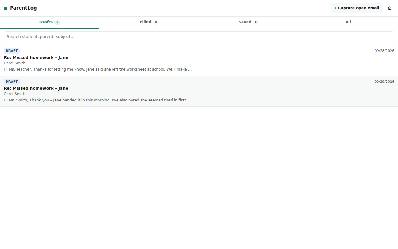 ParentLog side panel listing parent contacts